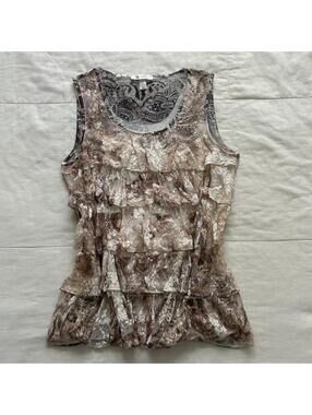 DressBarn Blush Beige Lace Floral Tiered Ruffle Tank Top Coquette Large